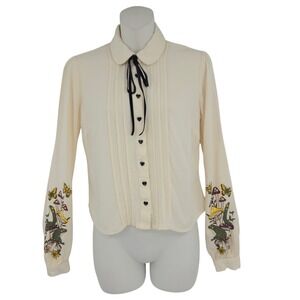 Thorn & Fable Cream Frog Mushroom Blouse XS Heart Buttons Cottagecore Whimsical